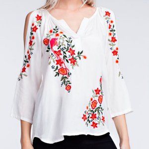 Solitaire Flowery Embroidered White Blouse